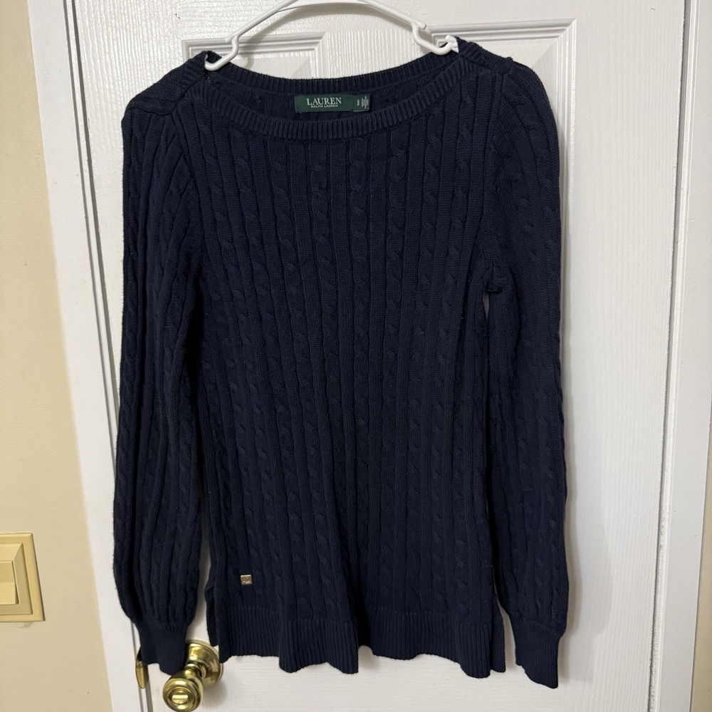 Lauren Ralph Lauren Womens Navy Cotton Cable Knit Sweater Size Small